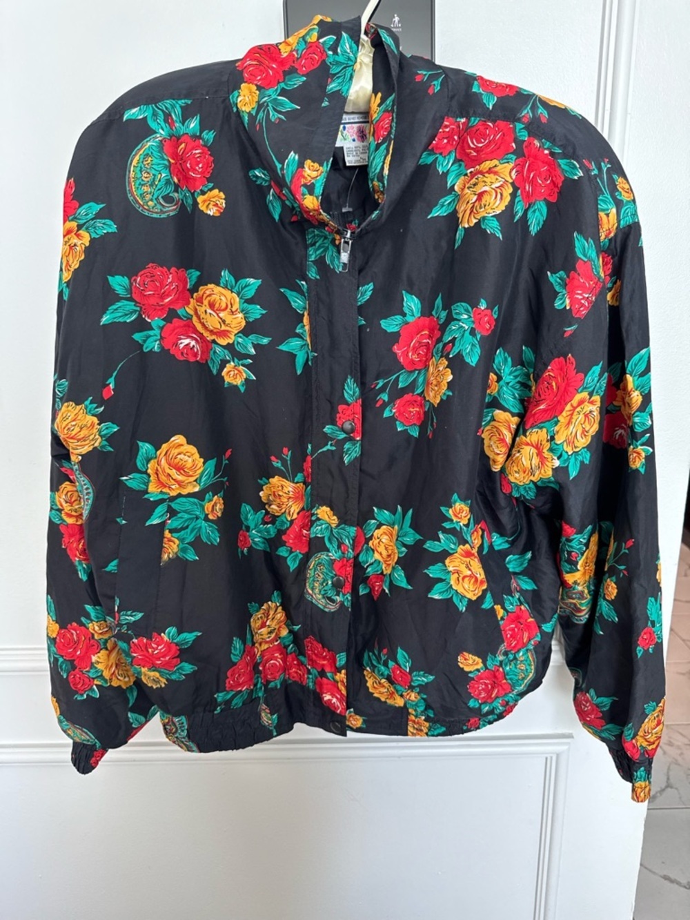 Vintage 90s Activewear Floral Silk Bomber Jacket Roses High Funnel Neck - Picture 3 of 6